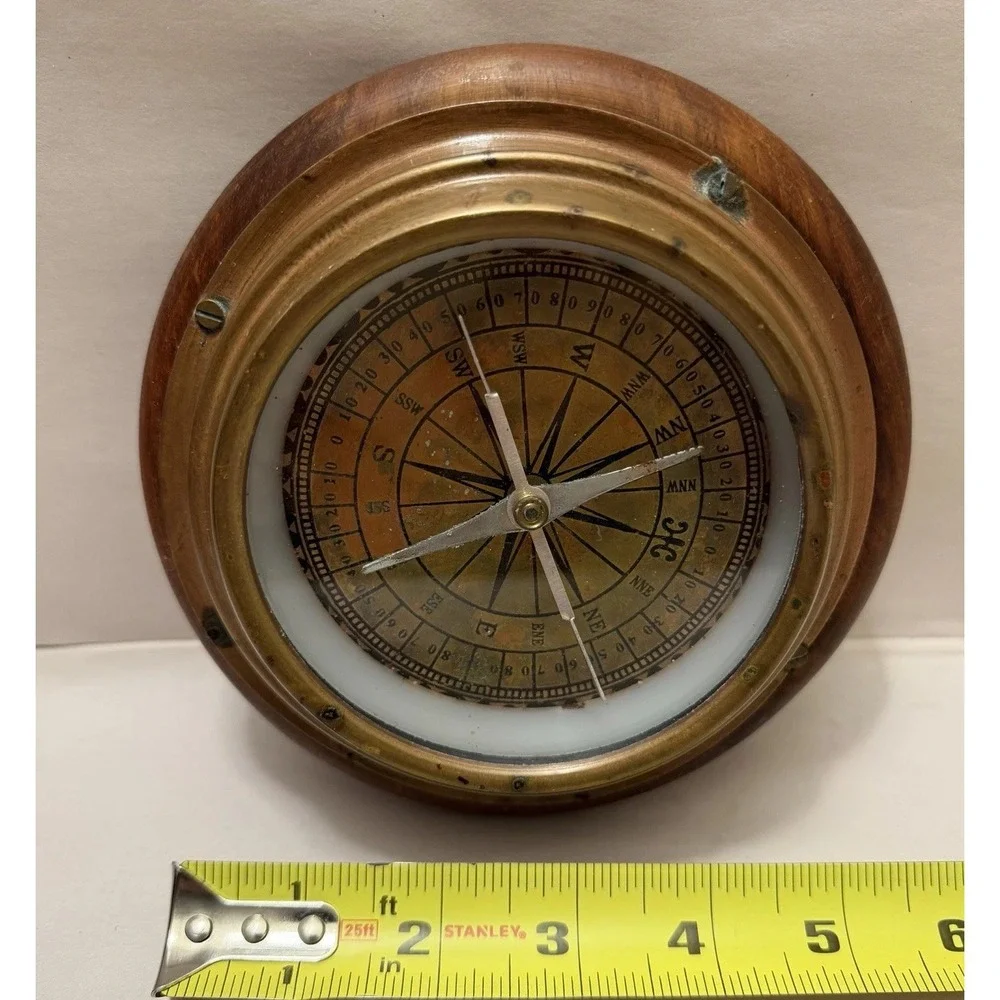Antique Nautical Compass Wood Copper Coastal Nautical Ship Maritime Desk Staging
